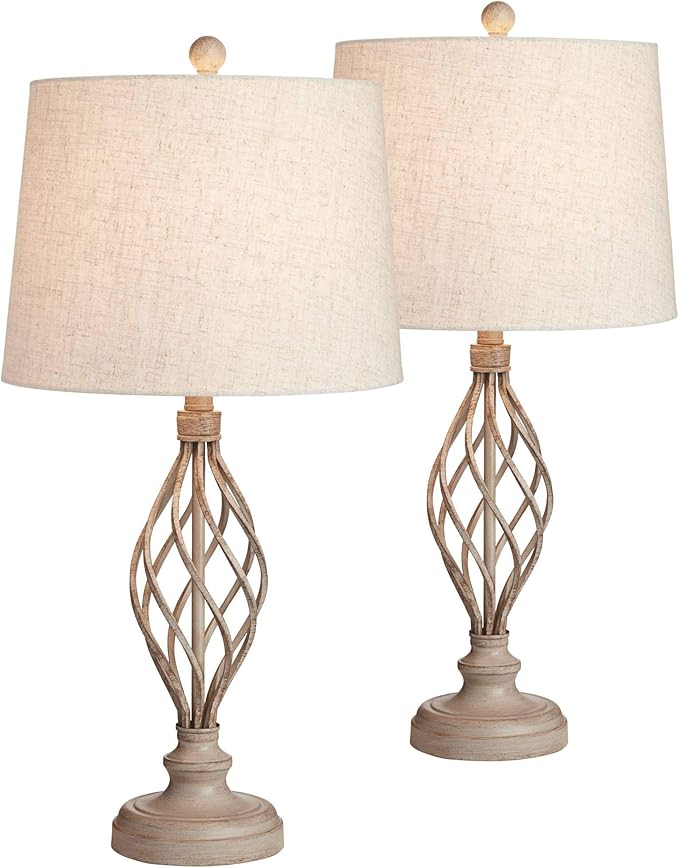 Franklin Iron Works Annie Modern Industrial Table Lamps 28" Tall Set of 2 Weathered Sand Iron Cream Tapered Drum Shade for Bedroom Living Room House Home Bedside Nightstand Office Entryway Family