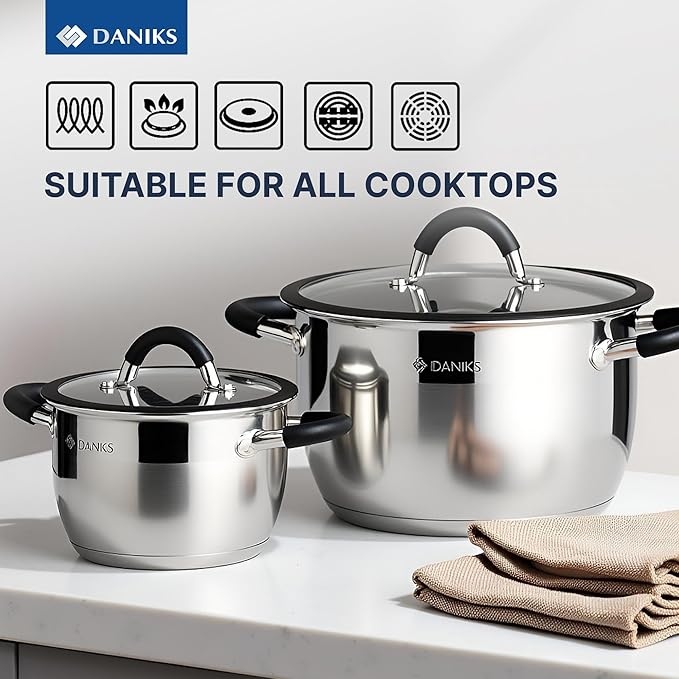 Daniks Orlando 10-Piece Stainless Steel Cookware Set with Glass Lids, Includes Saucepan, Tri-Ply Bases for Even Heating, Induction Compatible, Dishwasher Safe, Heatproof Handles