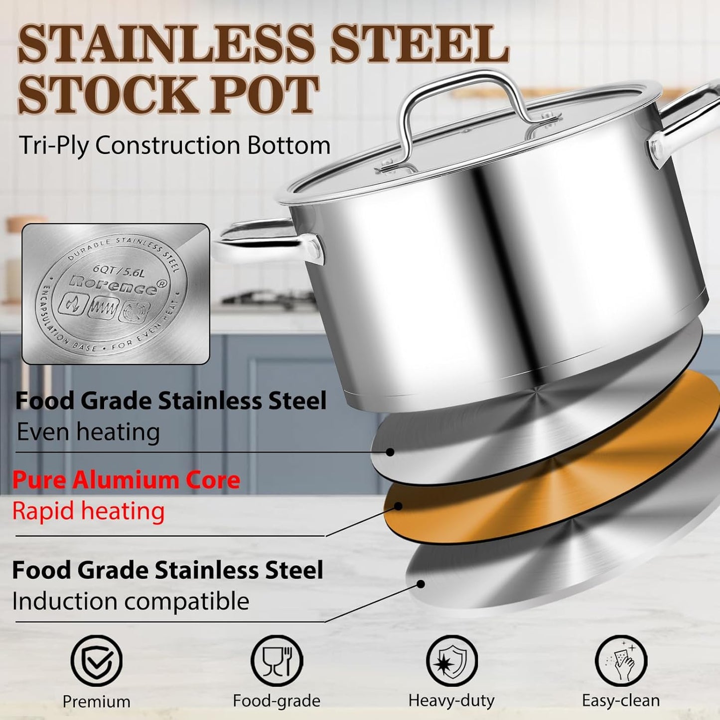 Rorence 6 Quart Stainless Steel Stockpot, Tri-Ply Base Large Pot for Cooking with Lid for Soup, Pasta, Vegetable, Induction Cooking Pot for All Stoves, Oven & Dishwasher Safe