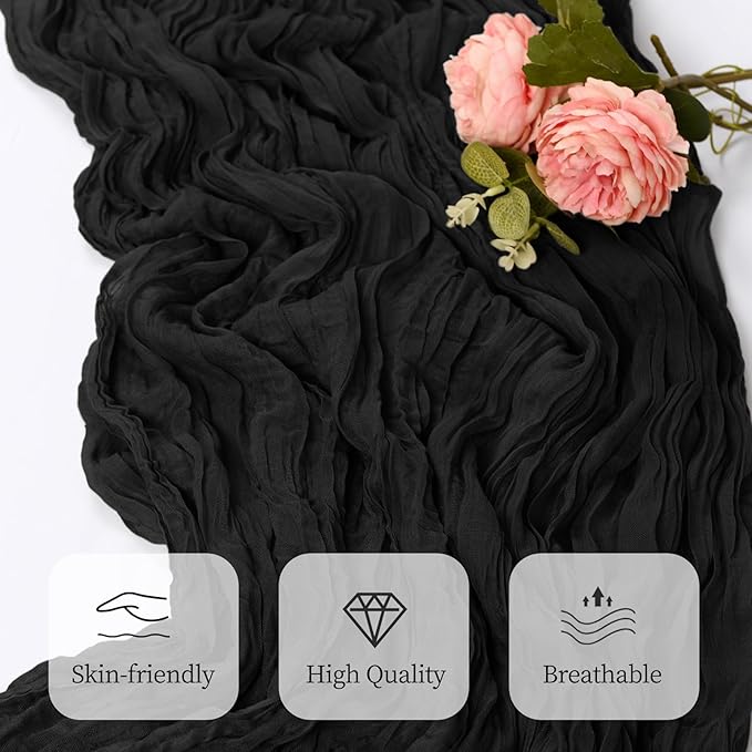 6 Pack Black Cheesecloth Table Runner 17x108 Inch Semi Sheer Boho Gauze Cheese Cloth Fabric Table Runners, for Wedding Party Baby Shower Birthday Home Decor Garden Farmhouse