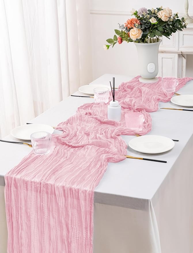 12 Pack Pink Table Runner 10FT Cheesecloth Table Runner 21 x 120 inch Boho Gauze Cheese Cloth Table Runner Rustic Sheer Table Runner for Party Wedding Bridal Baby Shower Birthday Table Decor