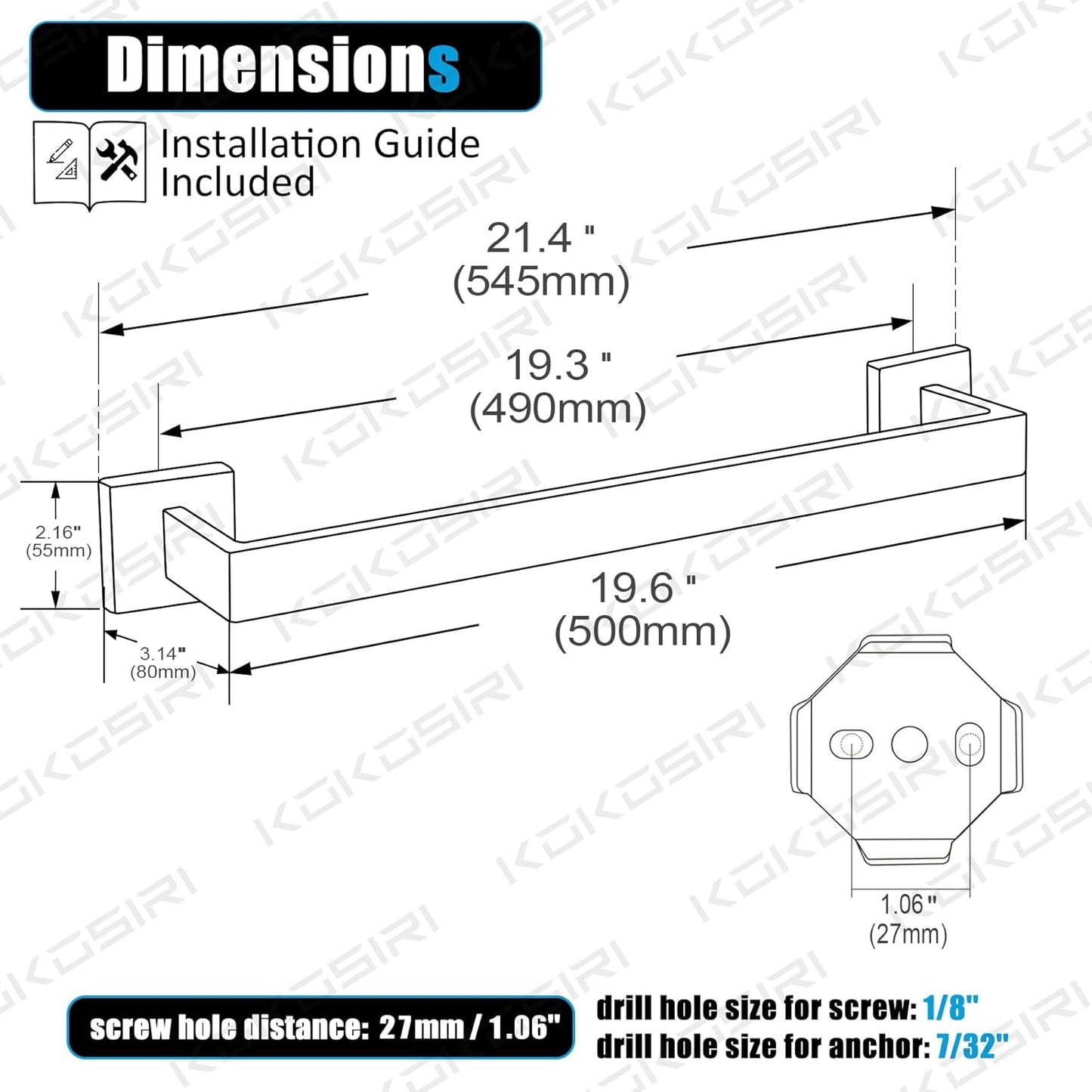 KOKOSIRI 20-Inch Single Towel Bar, Bathroom Kitchen Towel Holder, Wall Mounted SUS304 Stainless Steel Towel Rack, Brushed Nickel, B4003BR-L20
