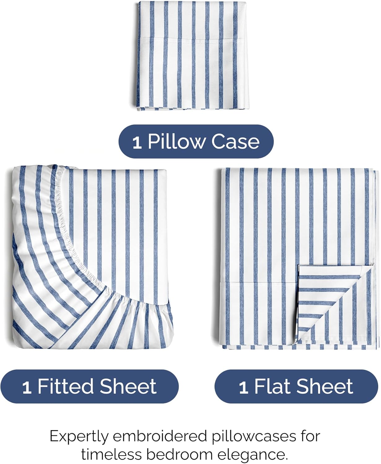 Twin Size 3 Piece Sheet Set - Comfy Breathable & Cooling Bed Sheets Set - Hotel Luxury Bedding for Women, Men, Kids, Teens, Boys & Girls - Deep Pockets, Soft, Wrinkle Free - Oeko-Tex - Blue Stripes 2