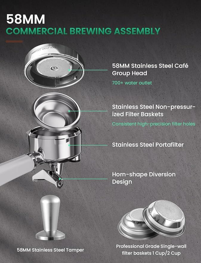 Espresso Machine, 58MM Professional Espresso Machine with Grinder Powerful Milk Frother Steam Wand 15 Bar Espresso Coffee Machine For Home Cappuccino & Latte Machine Stainless Steel