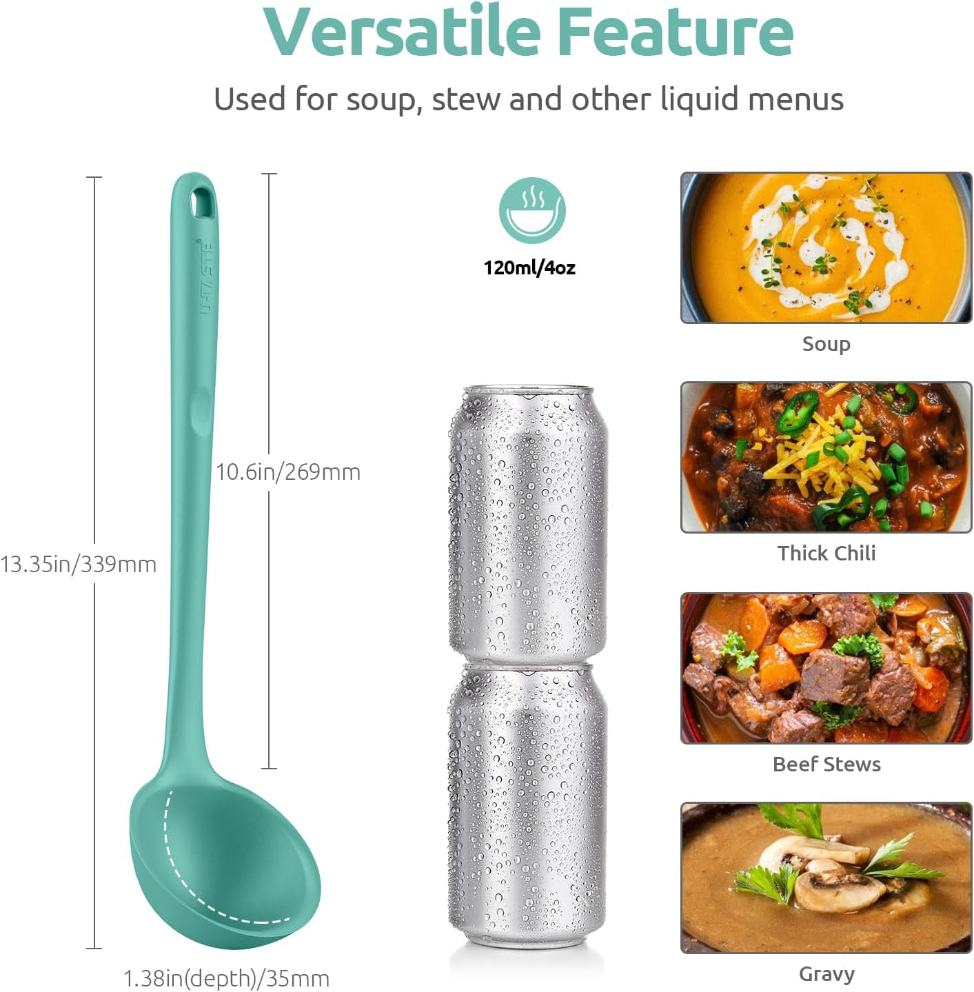13 inch Silicone Soup Ladle: U-Taste 600ºF Heat Resistant 4 oz Large Non-stick Seamless Rubber Kitchen Deep Serving Spoon with Non-slip Solid Long Handle for Cooking Sauce/Stews/Gravies (Aqua Sky)