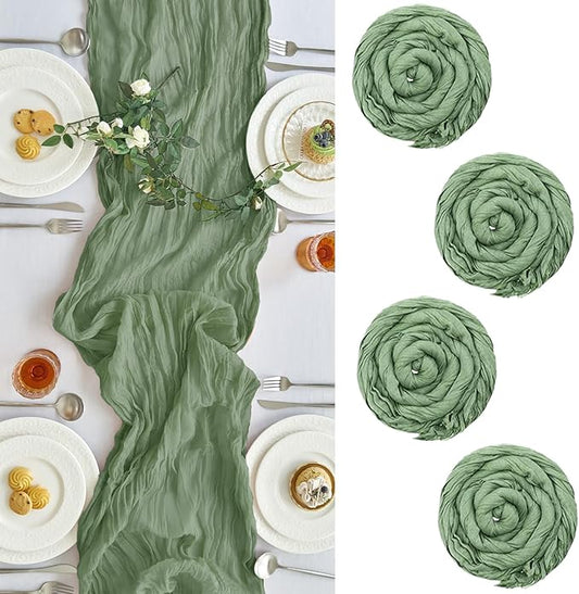IVAPUPU 4 Pcs Cheesecloth Table Runner - 10ft Sage Green Boho Gauze Cheese Cloth Table Runners for Baby Shower Decoration Wedding Party Summer Garden Farmhouse
