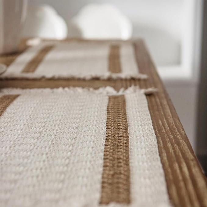 Niviy Boho Placemats Set of 6, 12x18 Inch Natural Cotton Burlap and Kitchen Woven Placemats with Tassels for Dining Table Centerpiece Thanksgiving Home Decorations