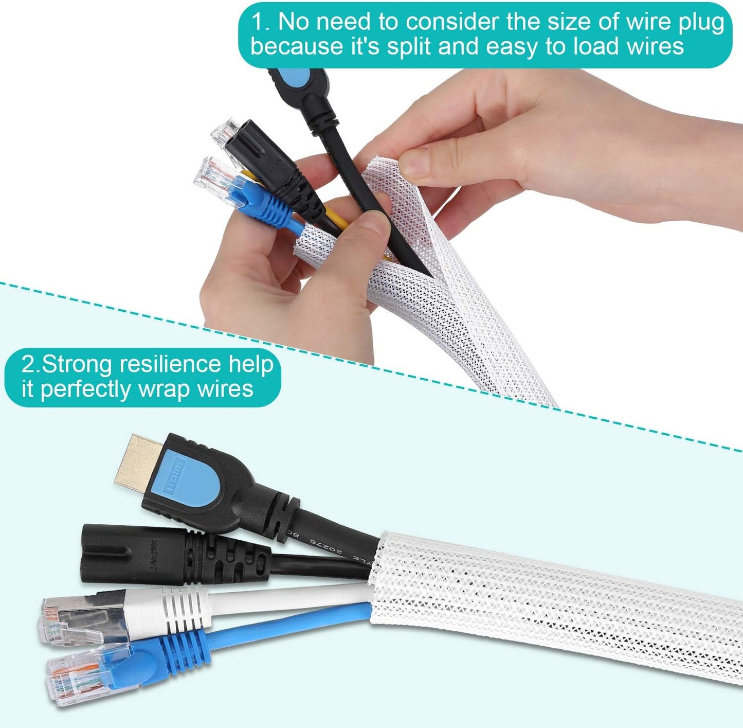 6.6ft - 1/2 inch White Cable Sleeve, Cable Organizer for Desk PC TV Computer, Wire Protector Cable Wrap Cover, Cord Management for Home Office