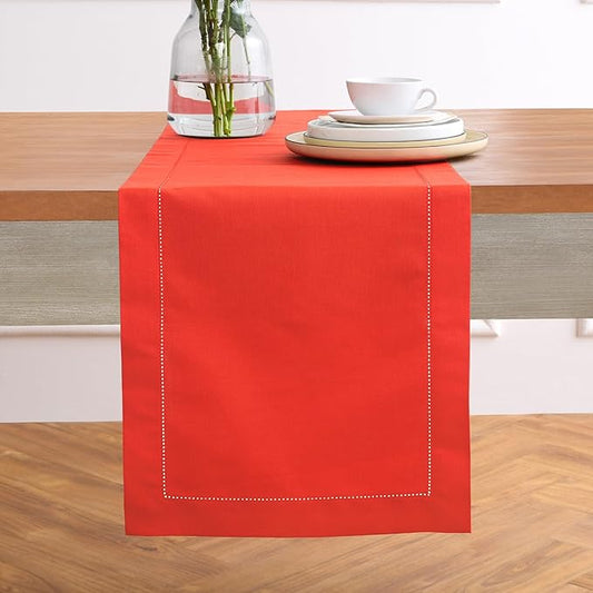 Solino Home Cotton Linen Poppy Red Table Runner 72 Inches Long - Hemstitch Table Runner 14 x 72 Inch for Dresser, Dining, Christmas, New Year