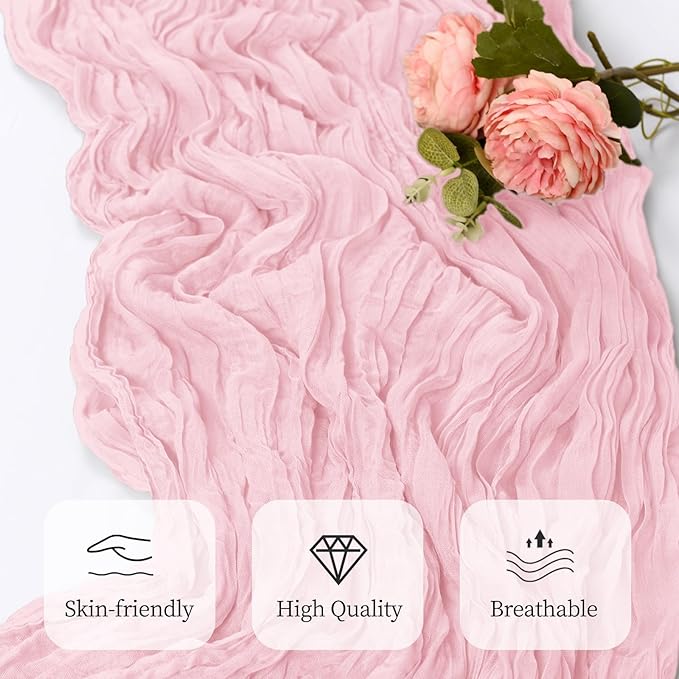 12 Pack Light Pink Cheesecloth Table Runner 17x108 Inch Semi Sheer Boho Gauze Cheese Cloth Fabric Table Runners, for Wedding Party Baby Shower Birthday Home Decor Garden Farmhouse