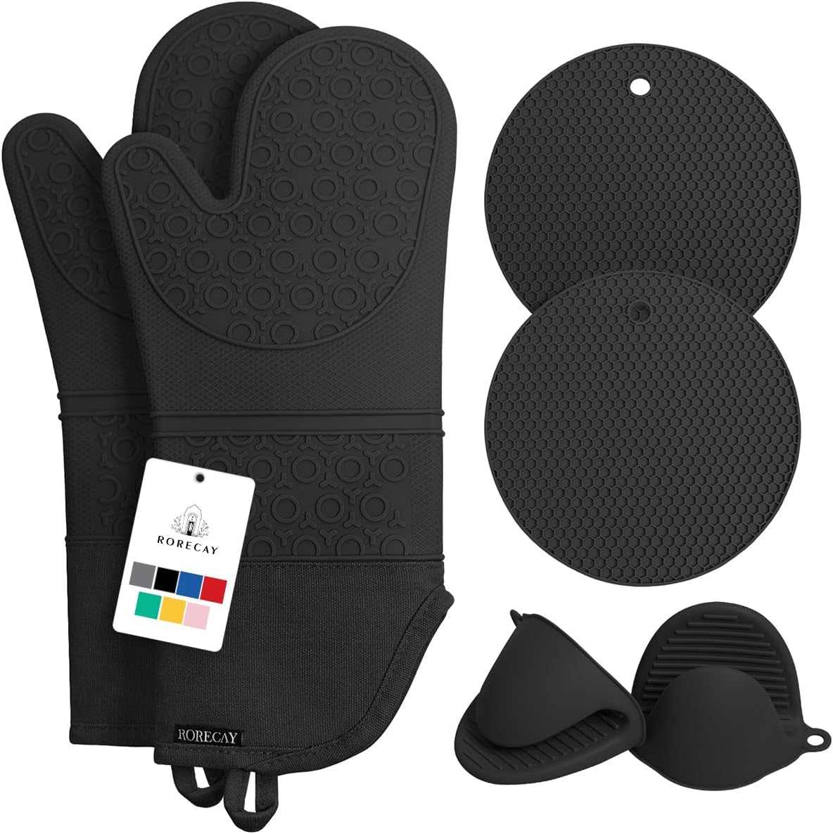 Rorecay 6pcs Oven Mitts and Pot Holders Sets Heat Resistant 500 Degrees, Extra Long and Non-Slip Silicone Oven Gloves Potholders Hot Pads for Kitchen Baking Cooking, Quilted Liner, Black