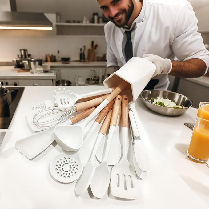 Silicone Kitchen Utensils Set, 12 Pieces Kitchen Utensils Set, Anti-Stick Heat Resistant Wooden Handle Cooking Utensils with Dish Holder, Silicone Spatula Tableware Set, Dishwasher Safe. Beige