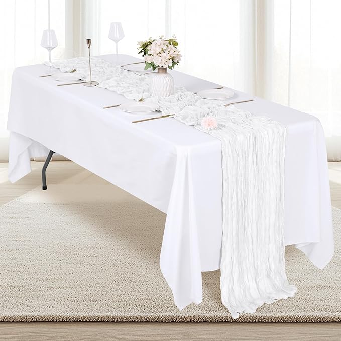 12 Pack White Cheesecloth Table Runner 17x108 Inch Semi Sheer Boho Gauze Cheese Cloth Fabric Table Runners, for Wedding Party Baby Shower Birthday Home Decor Garden Farmhouse