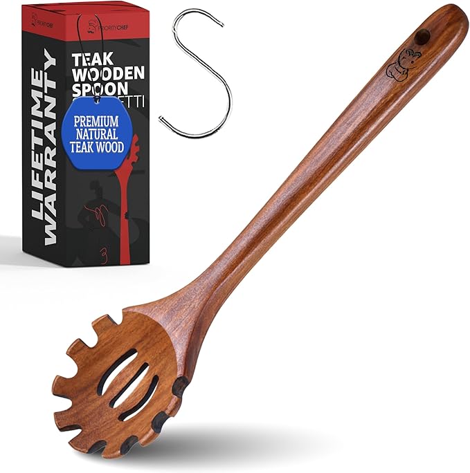 PriorityChef Wooden Pasta Spoon – Handcrafted Teak Wood Spaghetti Spoon Server for Stirring & Serving – Durable, Nonstick Safe, and Easy to Clean Utensil