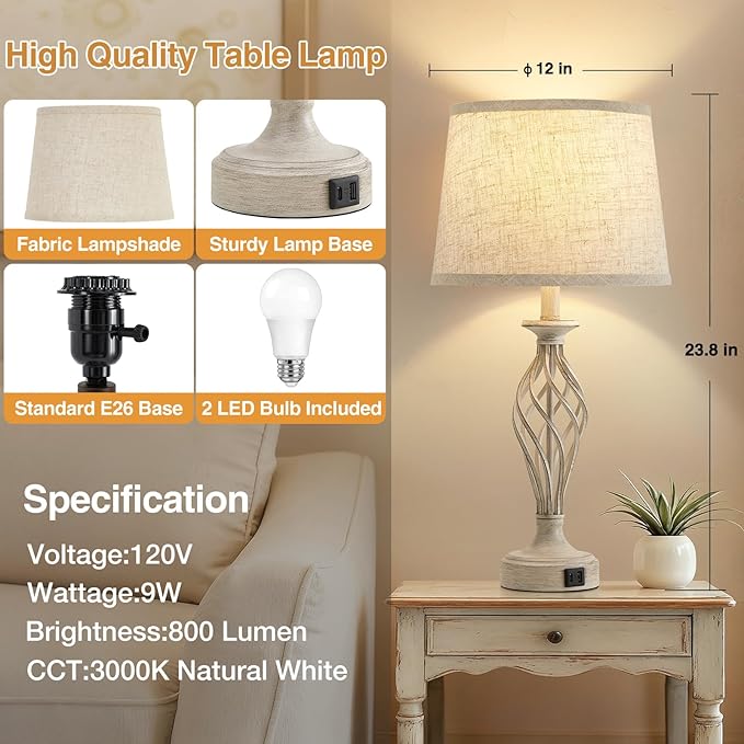 Table Lamp for Bedroom Set of 2 - Light Grey Bedside Lamps with USB C+A Ports,Rustic Distressed Farmhouse Bedroom Lamp - Lamp for Living Room Reading Bed Side End Table Bulbs Included