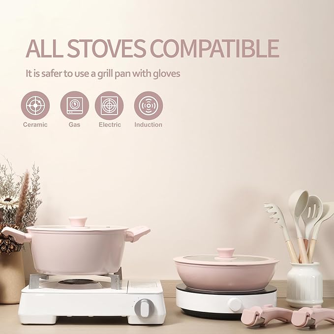 23pcs Ceramic Pots and Pans Set, Nonstick Detachable Handle Cookware, Induction Kitchen Cooking Set with Removable Handle,include Frying Pans & Saucepans Oven Safe(Pink)