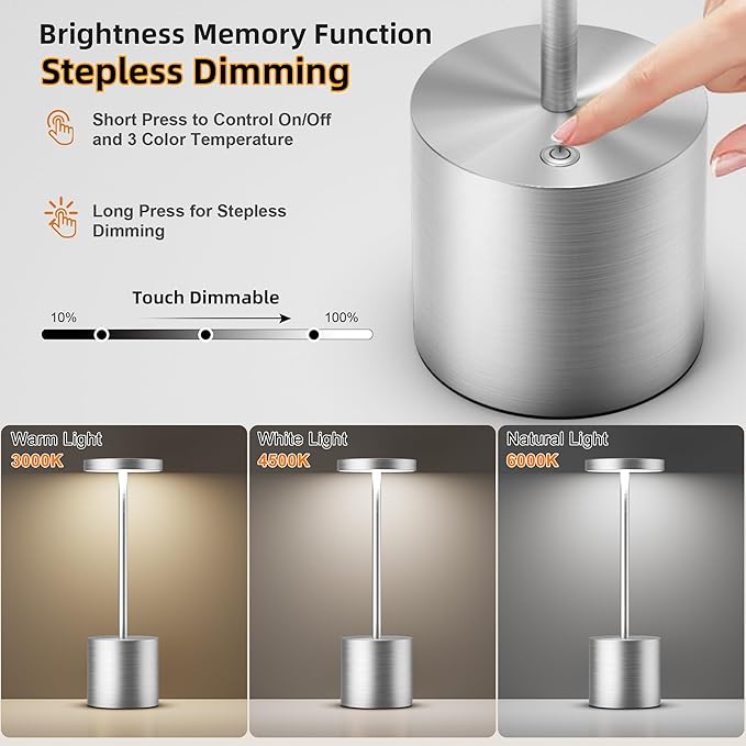 Cordless Table Lamps Rechargeable - Outdoor Portable LED Table Light 5000mAh Battery Operated Lamp 3 Color Stepless Dimming with Memory Function for Restaurant Dining Patio 2Pack Silver
