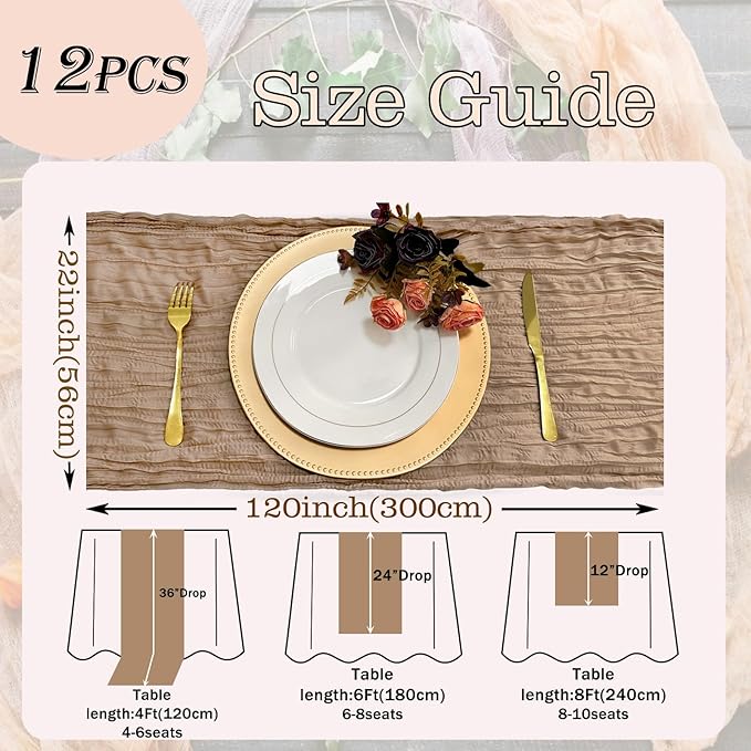 12 Pack Brown Cheesecloth Table Runner 22x120 Inch-Naturally Dyed Colors Sheer Gauze Ivory Cheese Cloth Wedding Table Runner,Rustic Boho Crinkle Fabric, Reception, Bridal Shower,Farmhouse Dining Decor