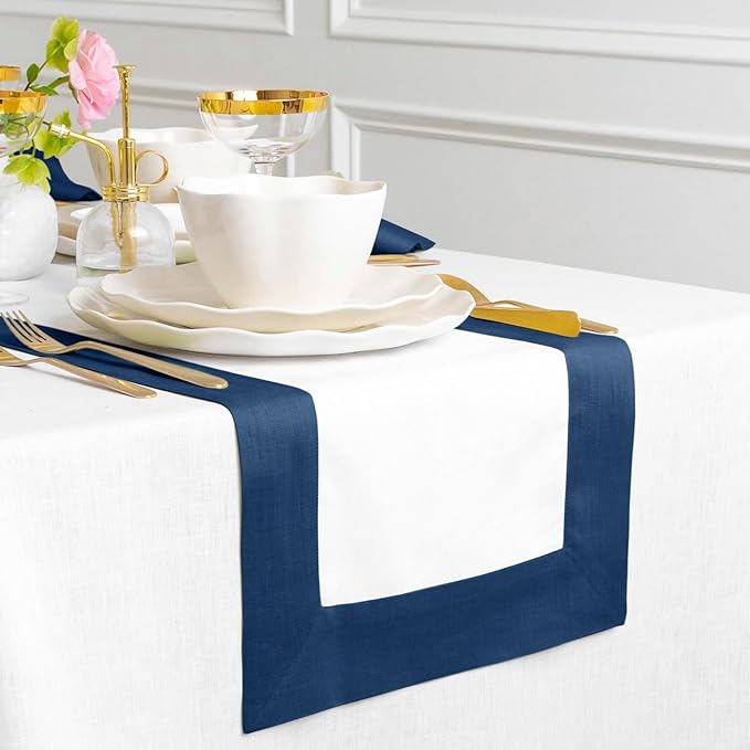 Solino Home Linen Table Runner 36 Inches - 100% Pure Linen Indigo Blue and White Table Runner 14 x 36 Inch Ideal for Dresser and Coffee Tables - Contempo