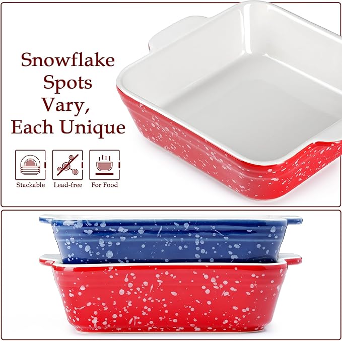 NUTRIUPS 13oz 5.9x5.9in Square Ceramic Baking Dish Set, 2-Pack Small Oven-Safe Baking Pan for Lasagna, Casserole - Bakeware for Baking & Serving (Red&Blue)
