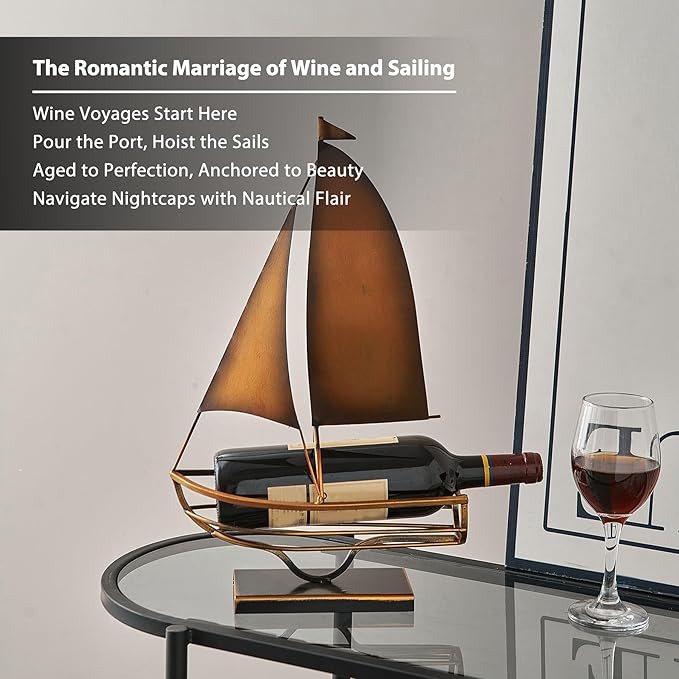 Metal Sailboat Wine Rack for Countertop – Decorative Wine Bottle Holder for Kitchen Bar Dining Table, Boat Sculpture Wine Stand Nautical Home Decor (Brass)