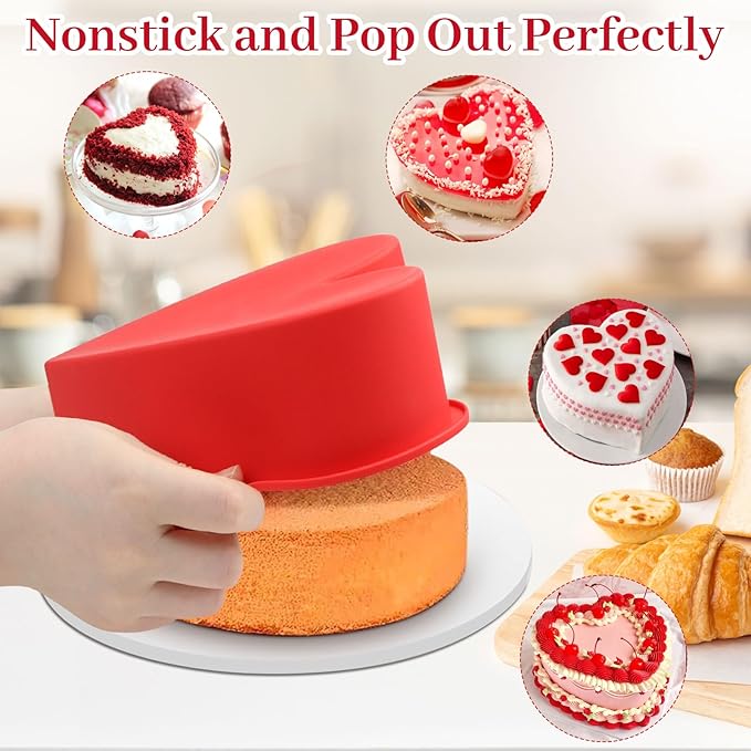 2Pcs Red Heart Shaped Cake Pans, 8 inch Heart Cake Pans Silicone Cake Molds with Hanging Hole, Freezer, Microwave and Oven Safe