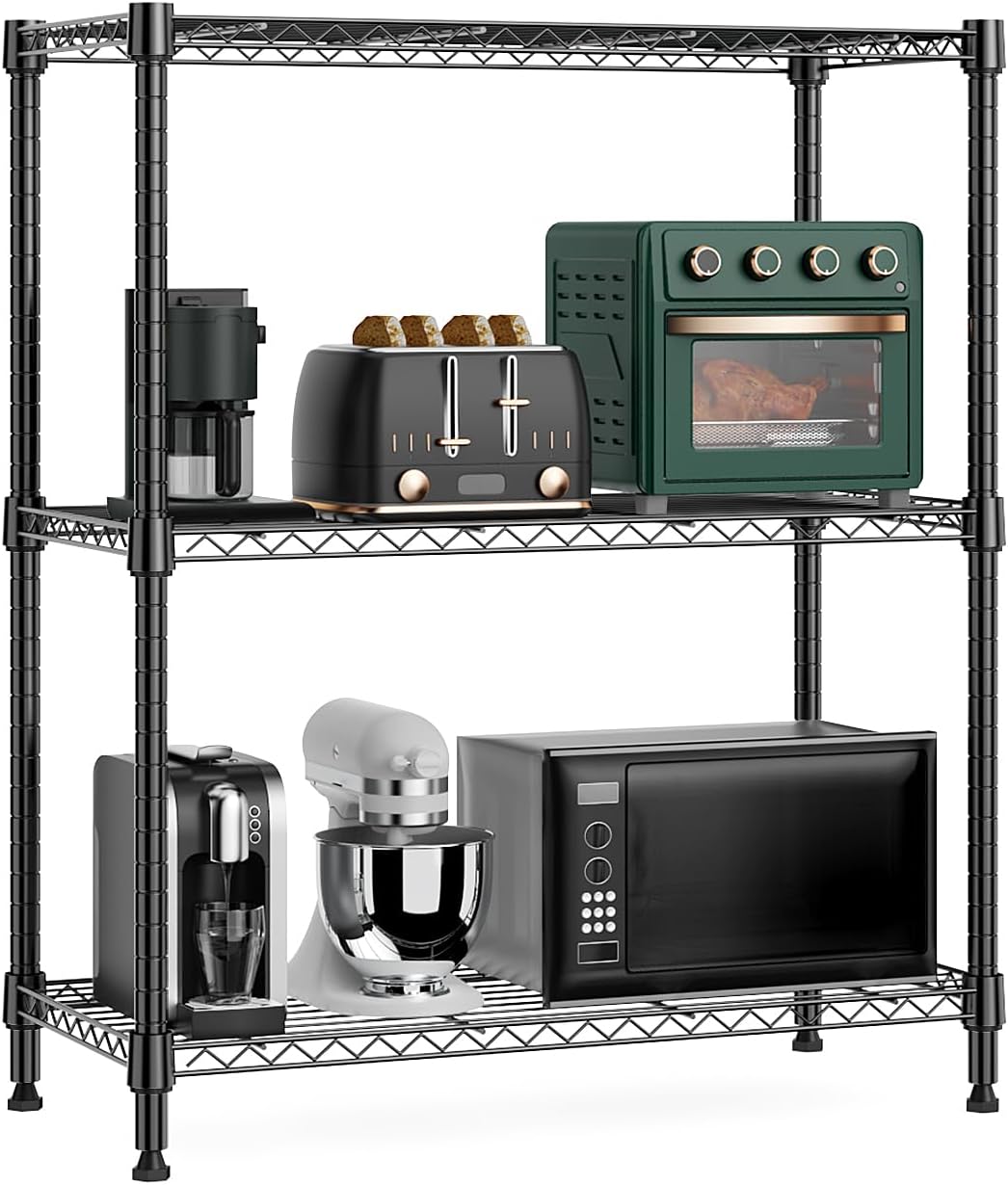 750 lbs 3 Tier Storage Rack Metal Wire Shelving Unit, Storage Standing Shelf Organizer for Laundry Bathroom Kitchen Pantry Closet Garage Basement Utility Room, Black 13.8" D x 29.5" W x 35.5" H