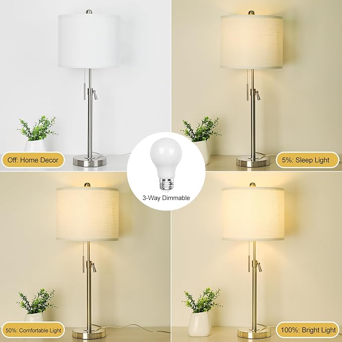 Table Lamps for Bedrooms Set of 2, 22" to 30" Height Adjustable Nightstand Lamps with Linen Shade, Pull Chain Switch Lamps for Living Room, 3 Way Dimmable Beside Lamp