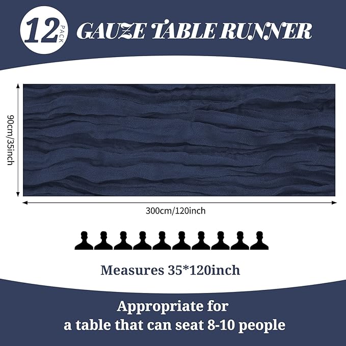 12 Pack 10Ft Navy Blue Cheesecloth Table Runner 35 x 120 inch Boho Gauze Cheese Cloth Table Runner Vintage Rustic Sheer Runners for Wedding Bridal Shower Birthday Party Cake Table Decorations