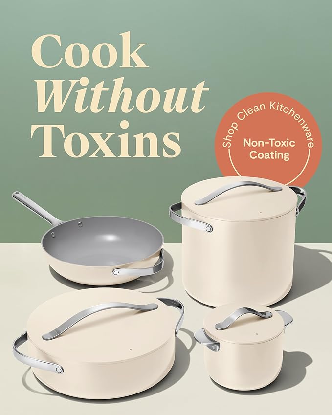 Caraway Cookware+ Collection - Specialty Cookware Set - Petite Cooker, Stir Fry Pan, Rondeau, & Stock Pot - 3 Lids & Storage Organizer Included - Gray