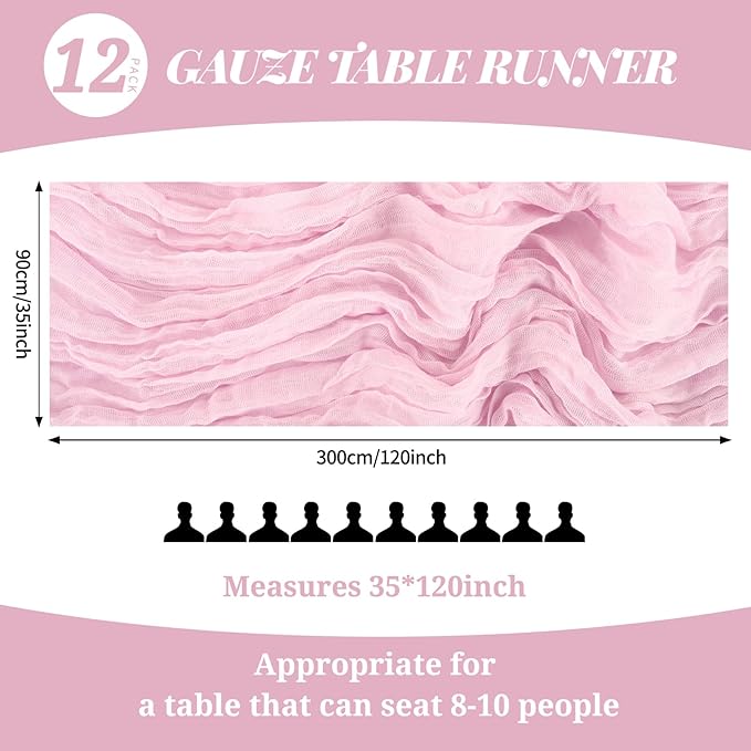 12 Pack 10Ft Light Pink Cheesecloth Table Runner 35 x 120 inch Boho Gauze Cheese Cloth Table Runner Vintage Rustic Sheer Runners for Wedding Bridal Shower Birthday Party Cake Table Decorations
