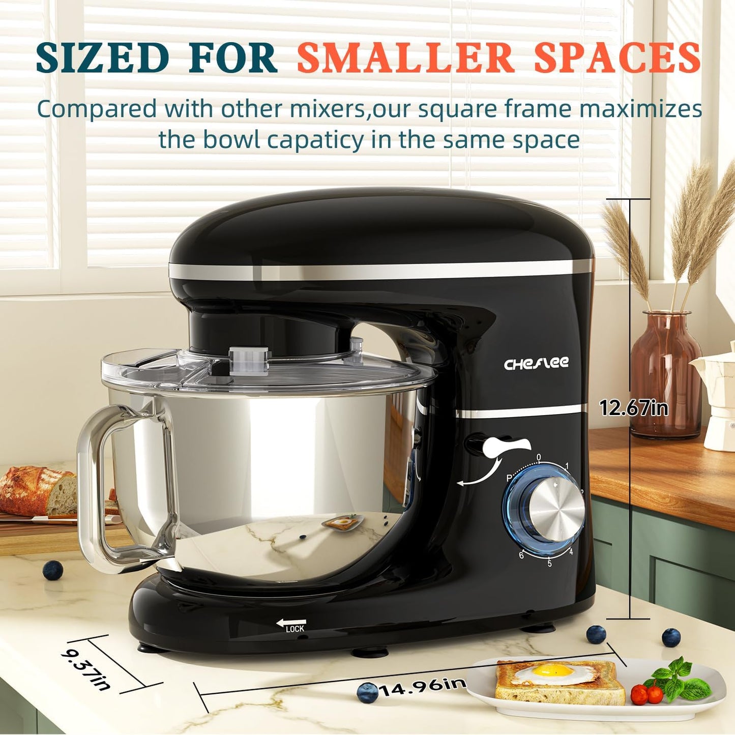 CHeflee Stand Mixer,660W 6+P With 6.5QT Stainless Steel Bowl,Dough Hook, Wire Whip & Beater,for Most Home Cooks,Black