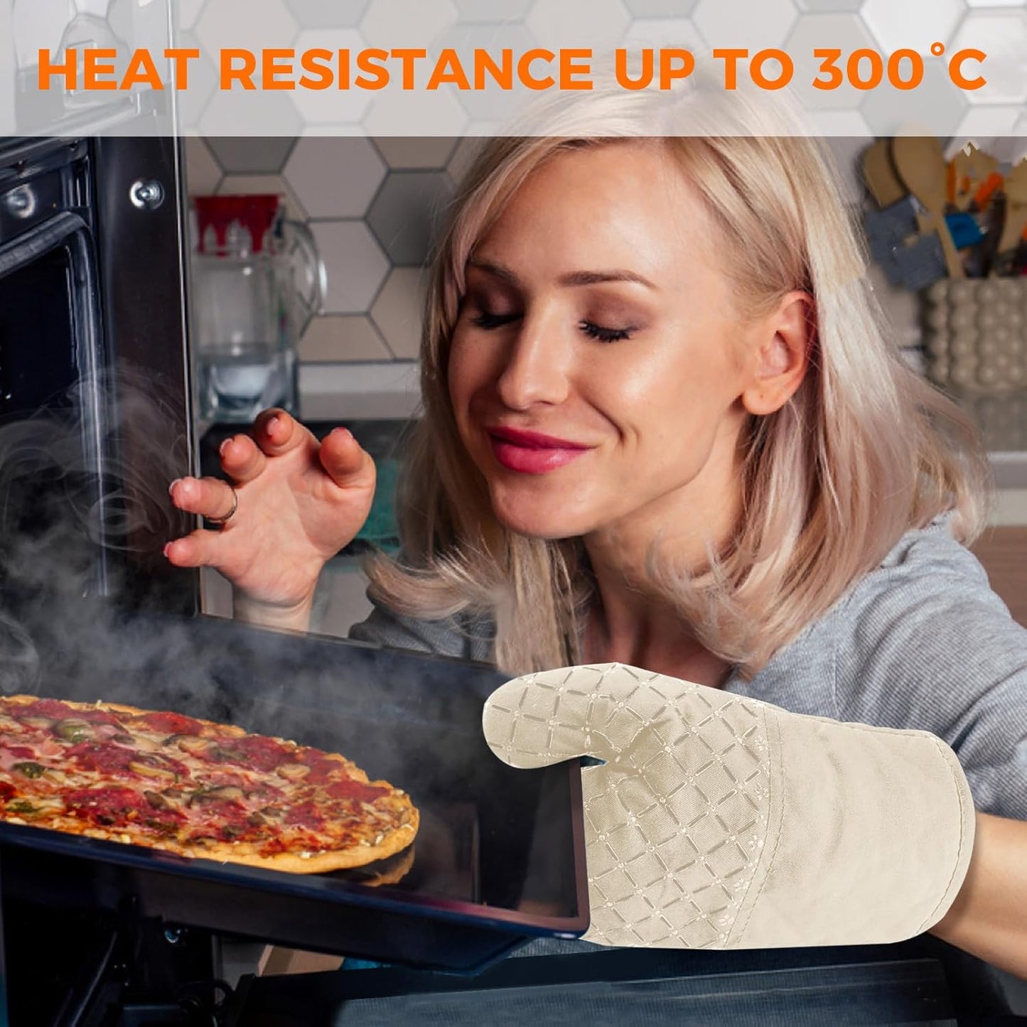 2 Pcs Oven Mitts for Kitchen Heat Resistant Oven Gloves, Soft Cotton Lining, Anti-Slip Silicone Stripe Oven Mitts Heat Resistant Oven Mits, Kitchen Mitt Pair Protect Hands, Cooking Baking Gloves Khaki