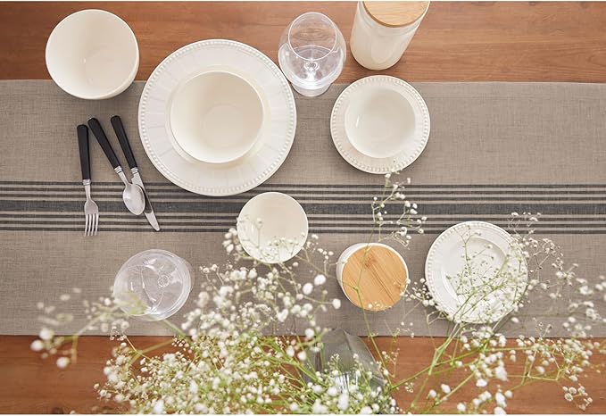 Solino Home Linen Striped Table Runner 120 Inches Long - Farmhouse 100% Pure Linen Black and Natural Table Runner 18 x 120 Inch - Handcrafted and Machine Washable