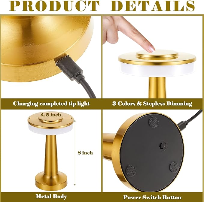 Riakrum 2 Pcs LED Portable Cordless Table Lamp with Touch Sensor 3 Color Stepless Dimming Rechargeable Battery up to 15 Hours Cordless Table Light Wireless Lamp for Nursery (Gold)