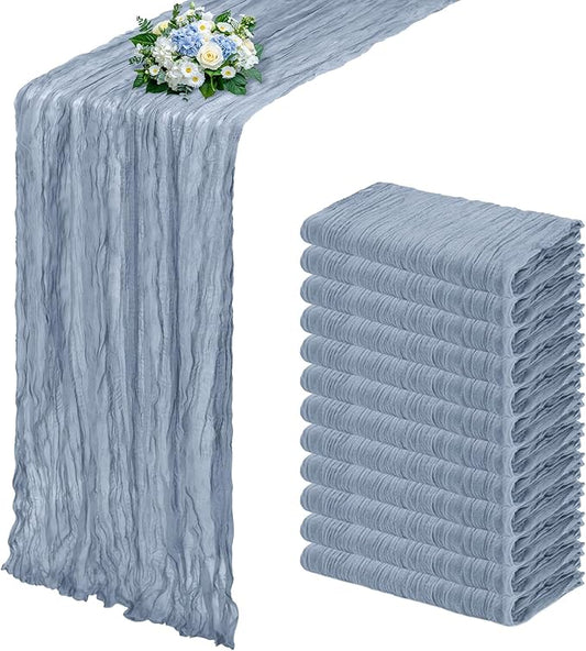 12 Pack Dusty Blue Cheesecloth Table Runner 17x108 Inch Semi Sheer Boho Gauze Cheese Cloth Fabric Table Runners, for Wedding Party Baby Shower Birthday Home Decor Garden Farmhouse