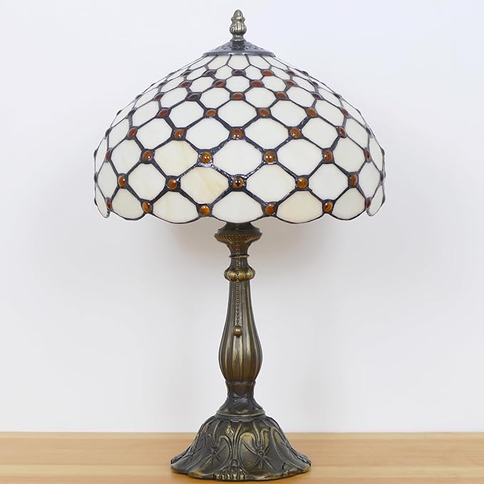 Tiffany Lamp Stained Glass Table Lamp Antique Bedside Reading Light W12H19 Inches (Cream Amber Pearl)
