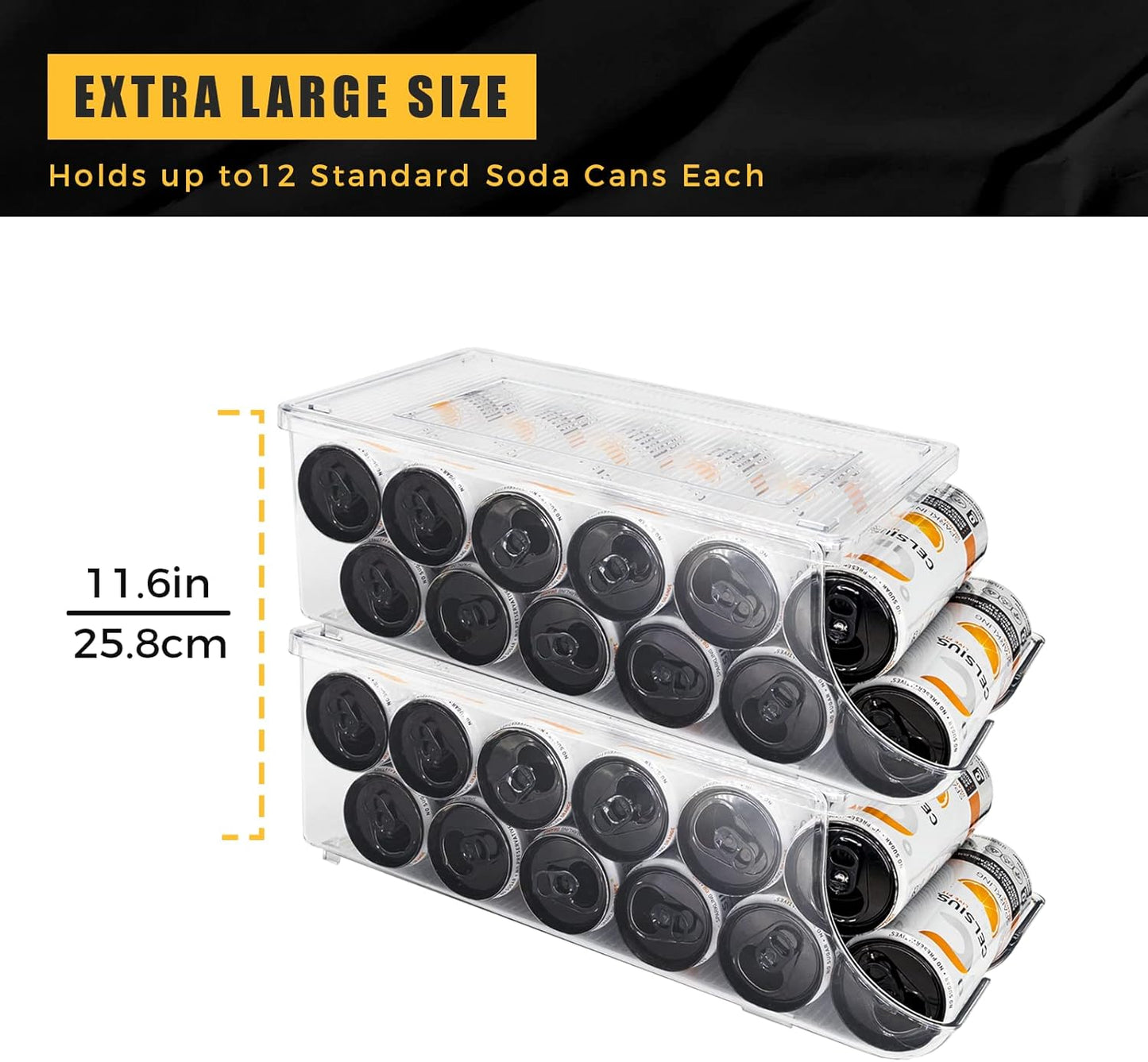 4 Pack Skinny Can Organizer for Refrigerator, Stackable Tall Skinny Soda Pop Can Holder Dispenser with Lid for Fridge Pantry Rack Freezer, Clear Plastic Storage Bins-Holds 12 Slim Cans Each