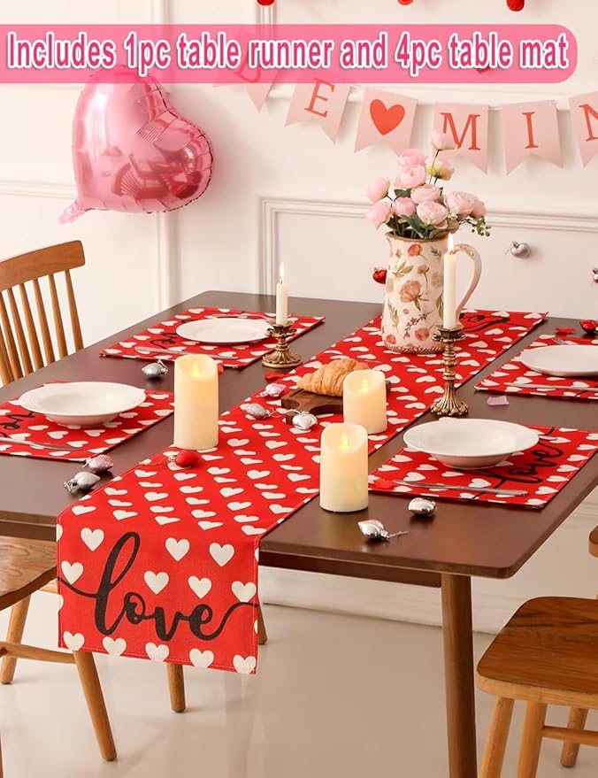 Red Love Heart Valentine's Day Table Runner 13"x72" & 4 Pcs 12"x18" Placemats Sets with 12 Heart Balloons, Love Letter Balloons, Stickers & Blowing Straw for Home Party Decor