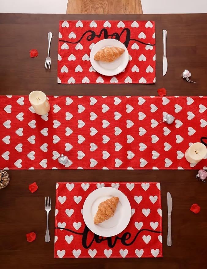 Red Love Heart Valentine's Day Table Runner 13"x72" & 4 Pcs 12"x18" Placemats Sets with 12 Heart Balloons, Love Letter Balloons, Stickers & Blowing Straw for Home Party Decor