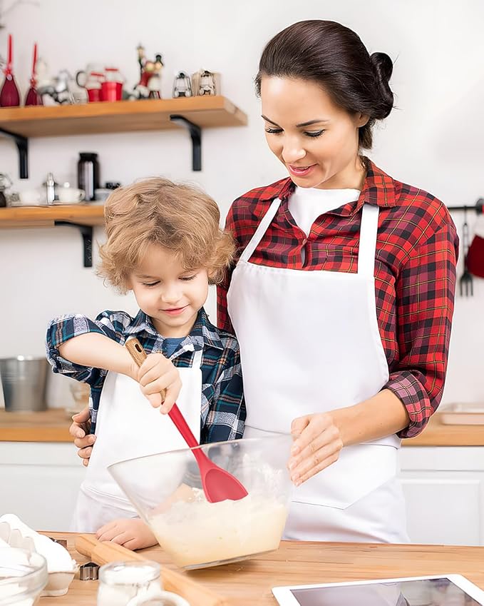 Large Silicone Cooking Spoons, Nonstick Solid Wooden Handle Spoon, Heat Resistan Silicone Kitchen Spoons for Cooking, Serving, Basting, Mixing, 13.2inch (RED)