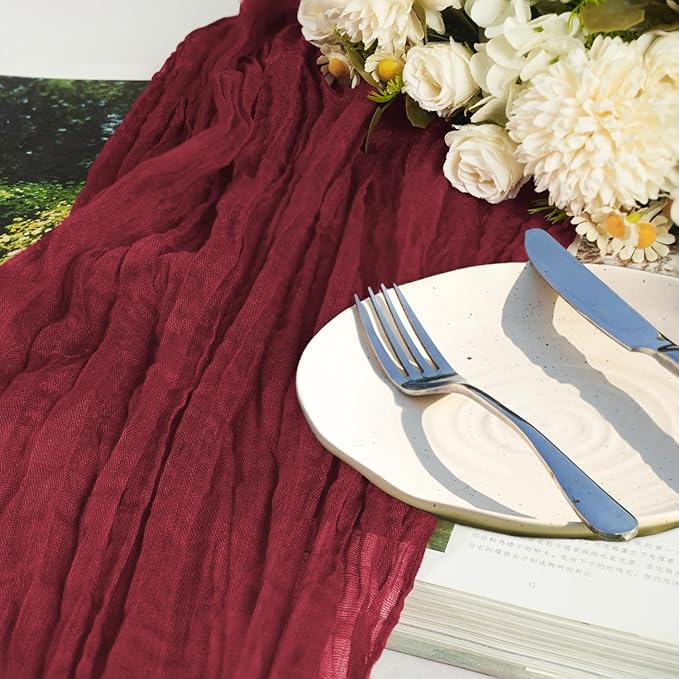 12 Pack Burgundy Cheesecloth Table Runner 10ft Boho Gauze Cheese Cloth Table Runner Rustic Sheer Runner 120 inch Long for Christmas Wedding Table Decorations