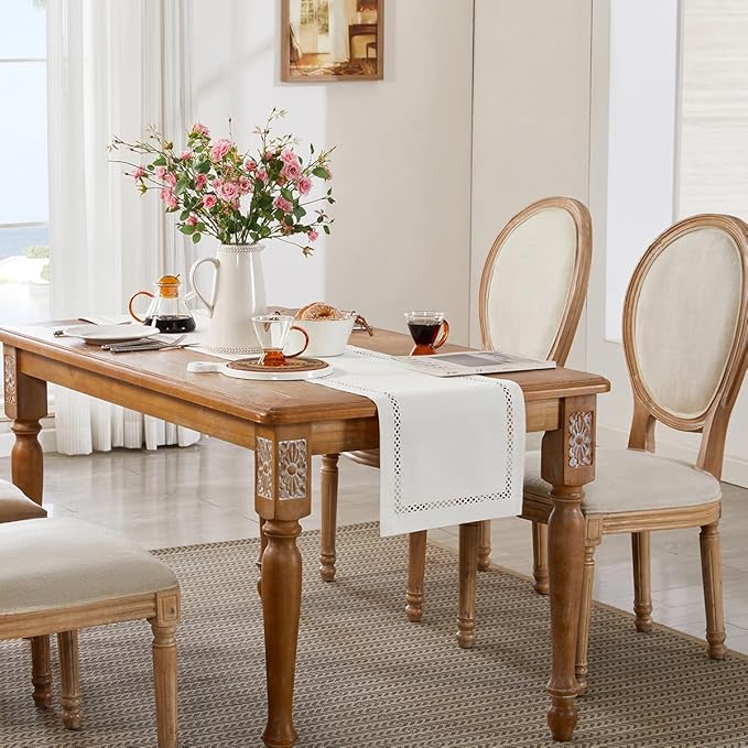 Burlap Style Farmhouse Table Runner, 13 x 108 Inch Off White, Rustic Geometric Hollow Table Runners 108 Inches Long for Dresser Table Everyday Use, 13x108 Inches, Off White