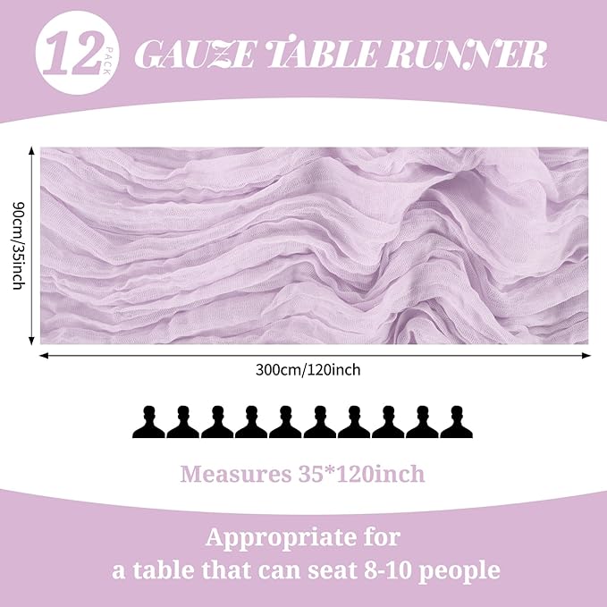 12 Pack 10Ft Lilac Cheesecloth Table Runner 35 x 120 inch Boho Gauze Cheese Cloth Table Runner Vintage Rustic Sheer Runners for Wedding Bridal Shower Birthday Party Cake Table Decorations