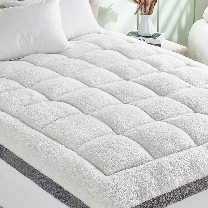 Cymula Twin XL Mattress Topper, Sherpa Thick Mattress Pad for Dorm Bed Warm Plush Pillow Top Mattress Cover for Back Pain with 900GSM Down Alternative Soft Winter Mattress Protector Cover, White