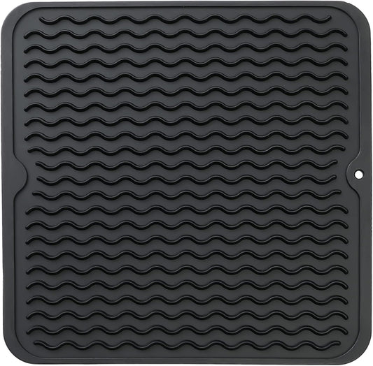 Silicone Dish Drying Mat for Multiple Usage,Easy clean,Eco-friendly,Heat-resistant Silicone Mat for Kitchen Counter or Sink,Refrigerator or Drawer liner Black M 12 inches x 12 inches