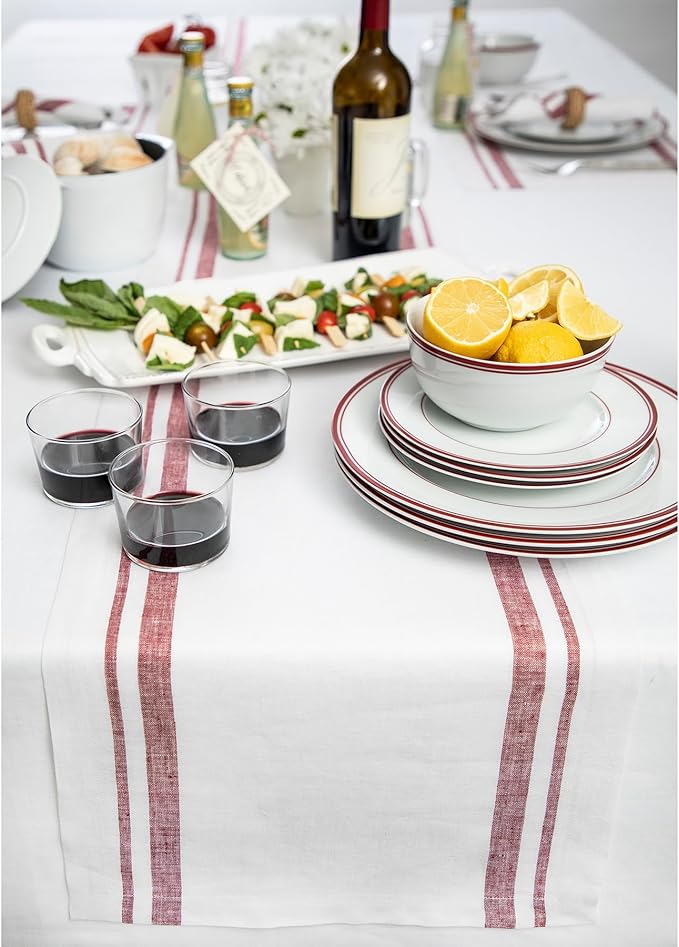 Solino Home Linen Table Runner 108 Inches Long - French Stripe, 100% Pure Linen Burgundy and White Farmhouse Table Runner 16 x 108 Inch Ideal for Dining, Christmas