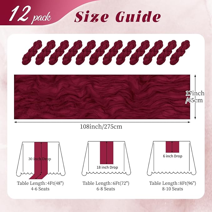 12 Pack Burgundy Cheesecloth Table Runner 17x108 Inch Semi Sheer Boho Gauze Cheese Cloth Fabric Table Runners, for Wedding Party Baby Shower Birthday Home Decor Garden Farmhouse