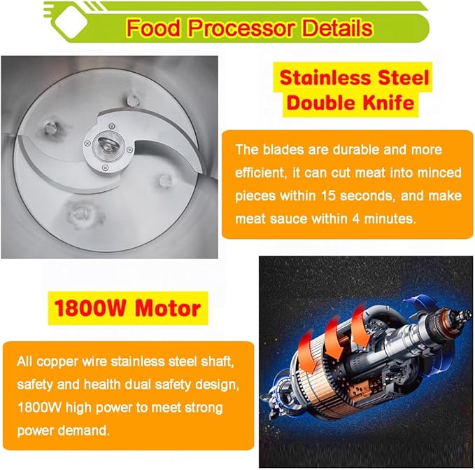 Commercial Food Processor 32L Stainless Steel Meat Vegetable Chopper Food Cutter 1800W Meat Grinder Meatball Beater Blender for Fruit Vegetable Grains Garlic