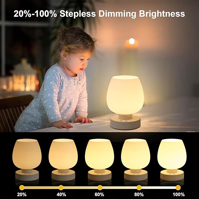 Small Table Lamp Cordless Nightstand Lamp - Rechargeable Modern Bedside Lamp with White Glass Shade, Stepless Dimmable & 8 RGB Colors & Memory, Battery Touch Lamp for Nursery Bedroom Nightstand